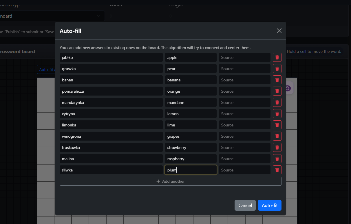 Auto-fit field in the Knowie crossword creator.