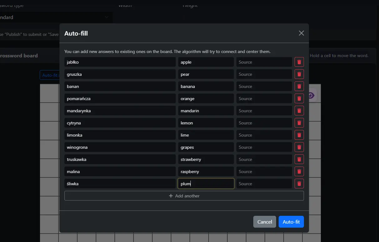 Campo Auto-fit en el creador de crucigramas Knowie.