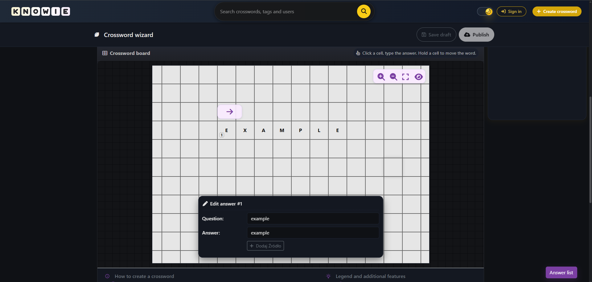 Answer editing window – visible grid and the clue input panel. Remember to add sources for more difficult clues.