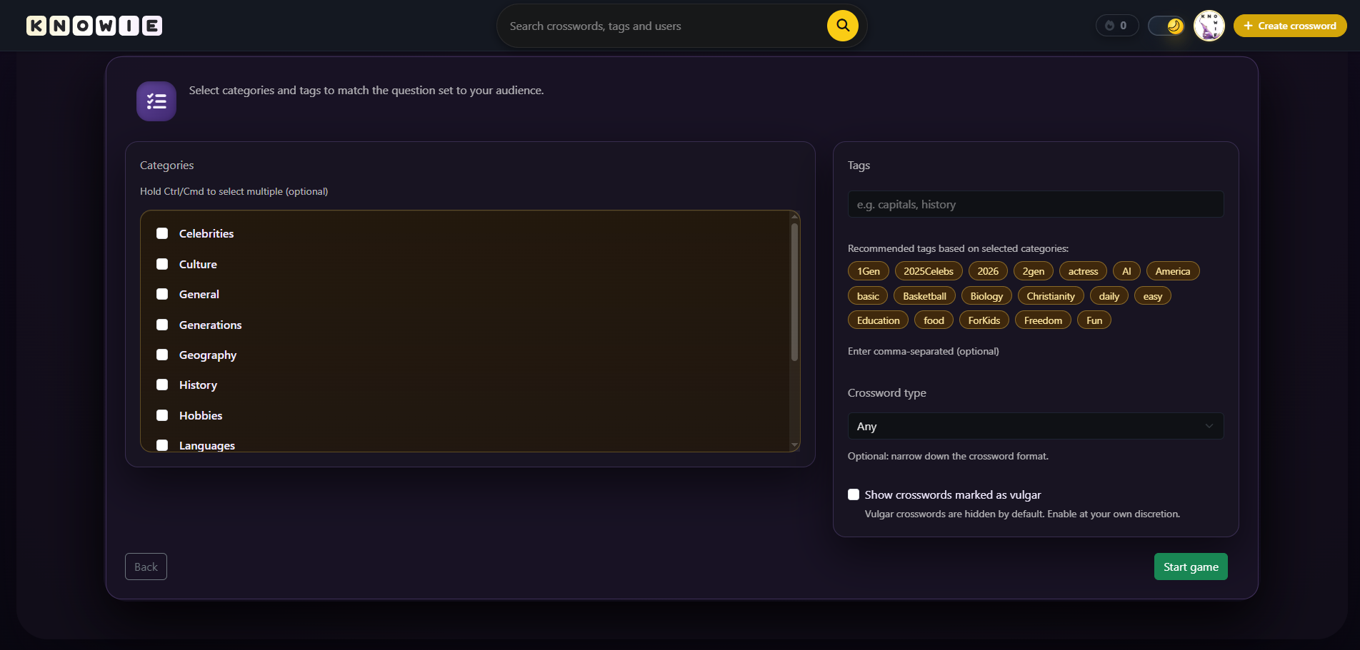 Category and tag selection in the game for streamers