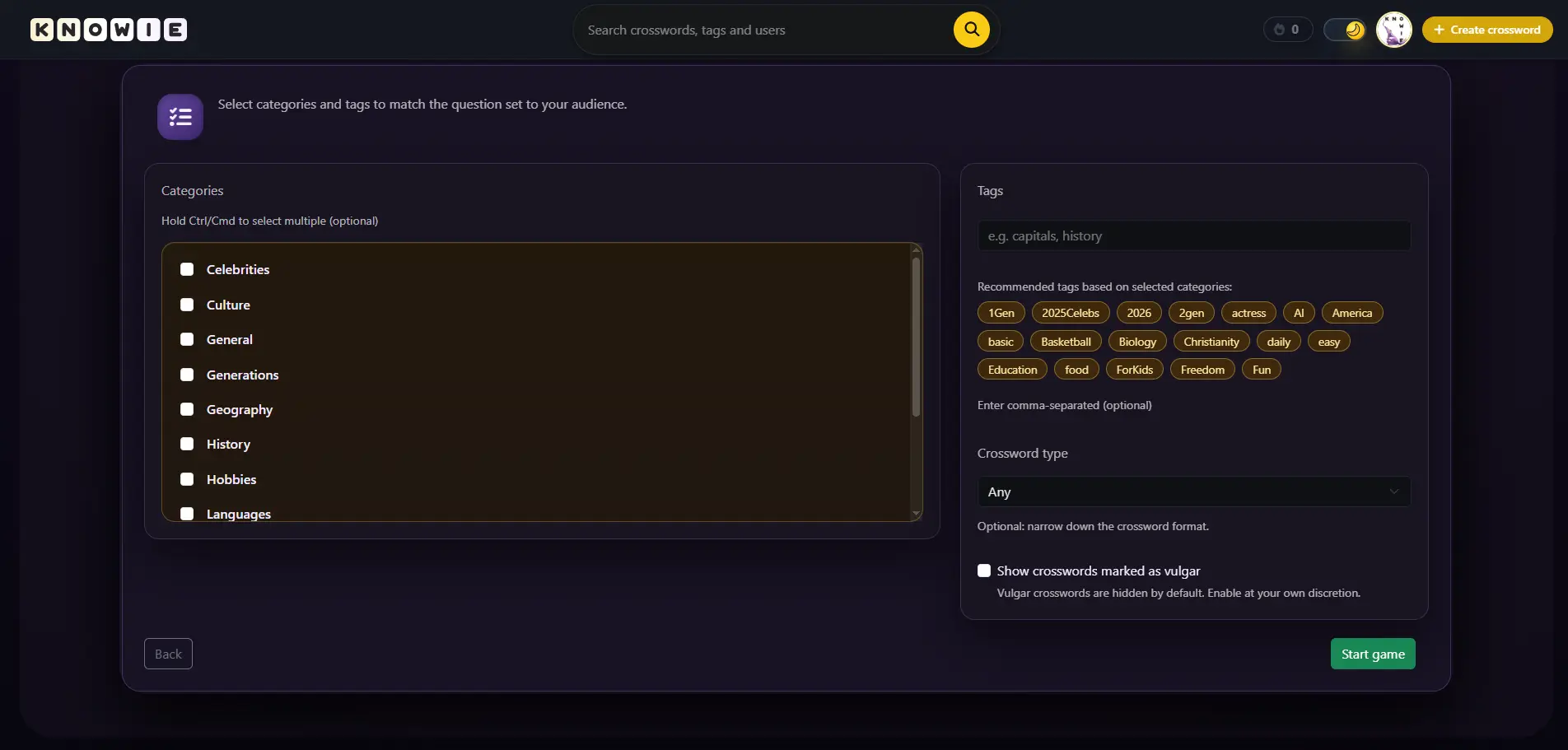 Category and tag selection in the game for streamers