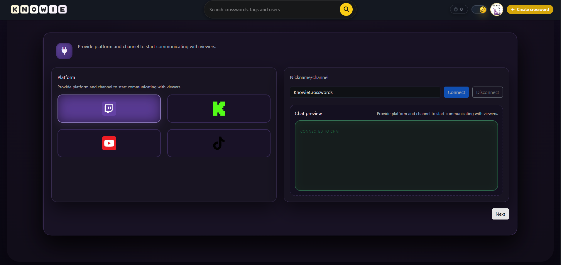 Chat connection configuration panel for Twitch, YouTube, Kick