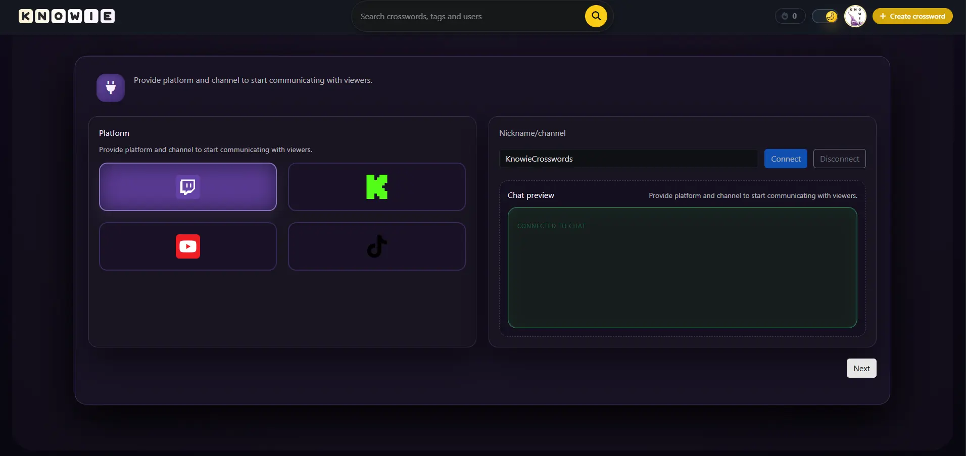 Chat connection configuration panel for Twitch, YouTube, Kick